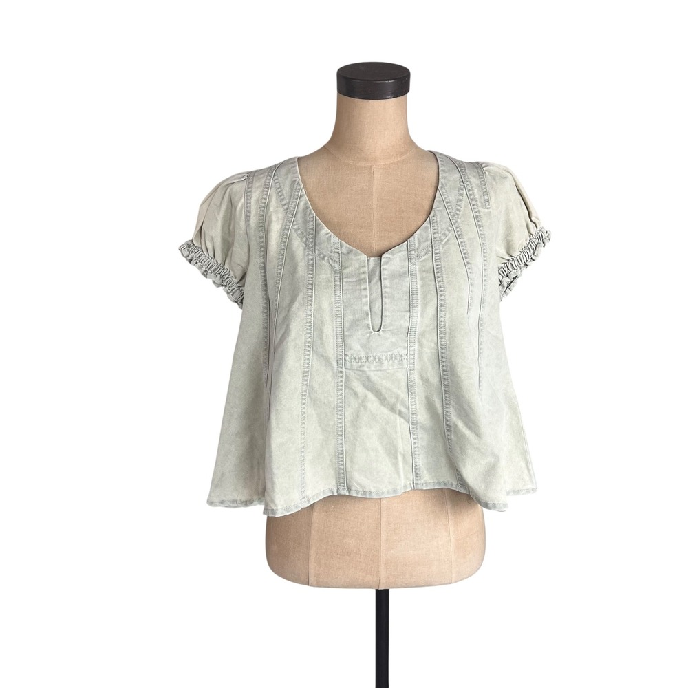 Bohme Sage Green Acid Wash Puff Sleeve Babydoll Top Small NWT IT34615-1